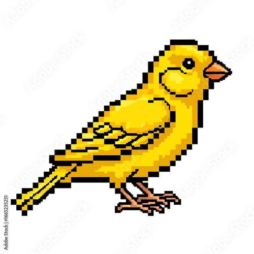Pixel art depiction of a cheerful yellow canary, perched and facing right.
