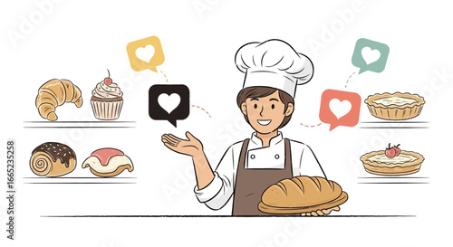 Charming baker presenting delectable pastries with social media love and appreciation