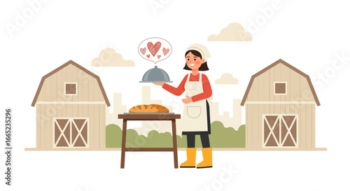 Delivering homemade bread with love on the farm, a heart warming illustration featuring a friendly