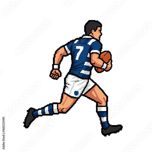 A pixelated illustration of a rugby player running with the ball, in motion.