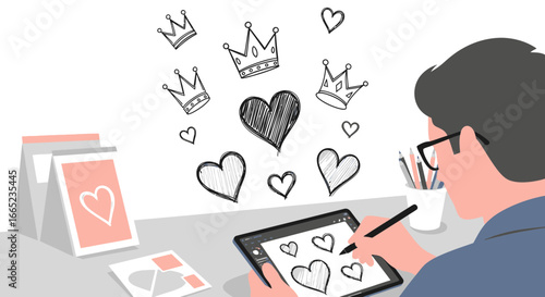 Digital artist creating heart and crown designs on a tablet with stylus pen