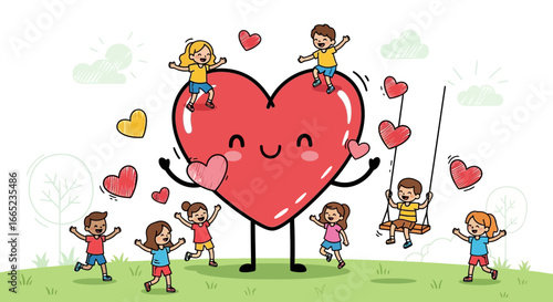 Charming depiction of joyful children playing with a friendly heart character in a bright and