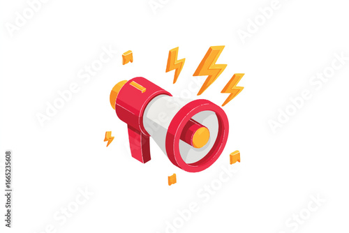 Isometric Red and White Megaphone with Orange Accents Surrounded by Lightning Bolts Announcement and Promotion Concept
