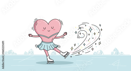Charming heart-shaped figure skater gracefully gliding on ice with sparkly trail leaving