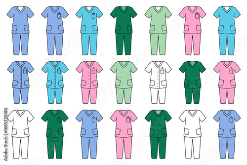 Various Colored Medical Scrubs Uniforms for Healthcare Professionals Seamless Pattern Design Element Background Vector Illustration