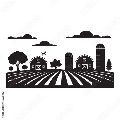 Rural Farm Landscape with Barns and Silos