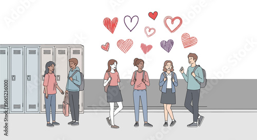 Diverse high school students chatting near lockers surrounded by heart doodles illustration