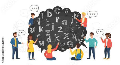 Diverse team collaboratively learning alphabet and language in a chalkboard concept