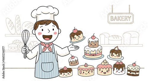 Cheerful baker showcasing a delightful array of kawaii cakes and breads in his bakery