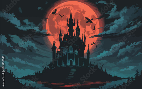 Dark castle silhouette with red moon and birds