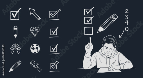 Doodle style illustration showcasing a student focused on completing a test or quiz