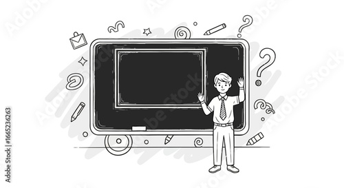 Doodle style illustration featuring a teacher presenting information on a blackboard
