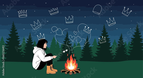 Dreamy campfires: a woman roasting marshmallows under a sky filled with whimsical crowns