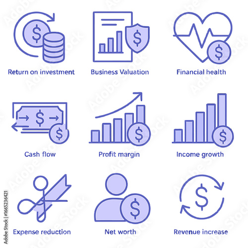Blue linear icons of financial concepts including growth and health