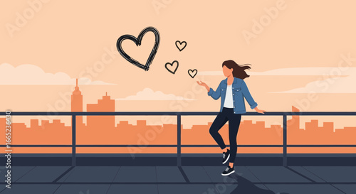 Dreamy Rooftop Romance: A Woman and Hearts Against a Cityscape at Sunset