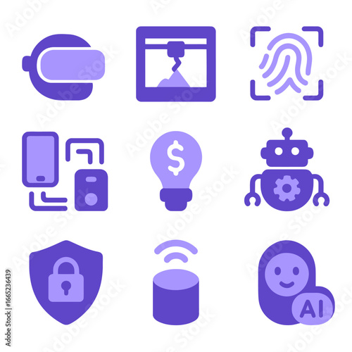 Futuristic technology icons in glowing purple gradient style