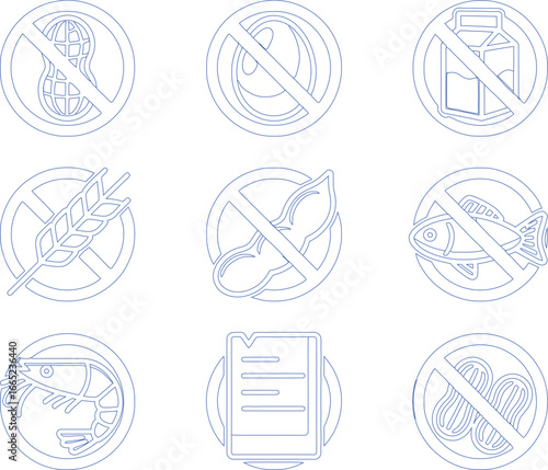 Food Allergens Outline Icons Set with Peanut, Egg, Gluten, Milk, Fish in Blue on White