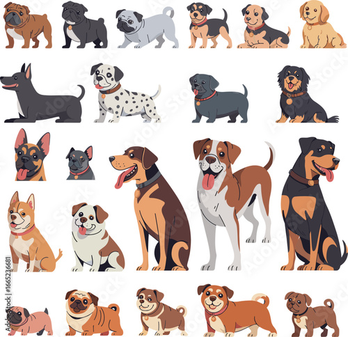 Cartoon Dog Breed Collection Vector Illustration Featuring Cute Puppies and Domestic Pets for Animal Lovers and Pet-Themed Design Projects