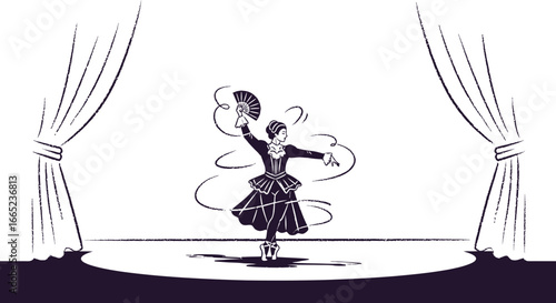Elegant ballerina performing on stage with curtains in a monochromatic illustration