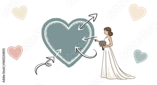 Elegant bride with heart and arrows representing love and direction in relationship