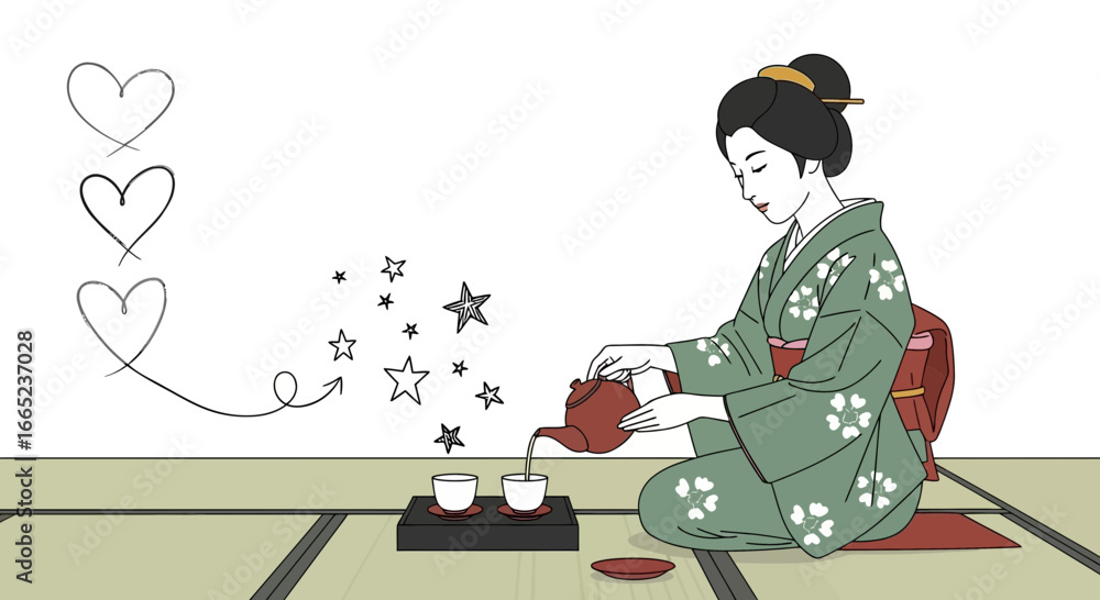 Fototapeta premium Elegant Japanese woman in kimono pouring tea with hand drawn elements surrounding her