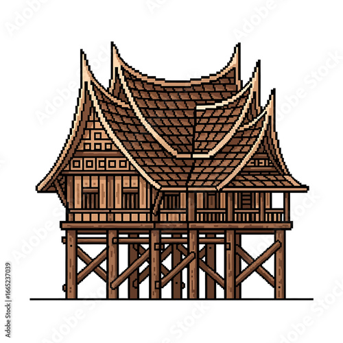 Stylized illustration of a traditional Indonesian house on stilts.