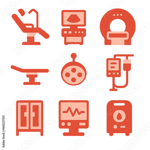 Modern healthcare icons collection featuring medical equipment in red gradient design