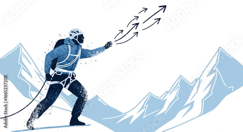 Climber reaching for success in the mountains with illustrated arrows pointing upwards