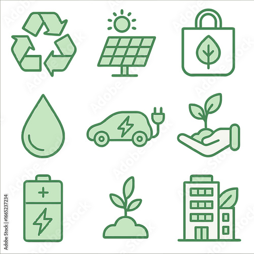 Eco-friendly icons: renewable energy, sustainability, and green living design elements
