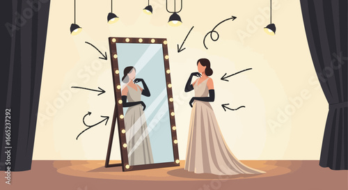 Elegant woman in evening gown admiring her reflection in a bright mirror studio