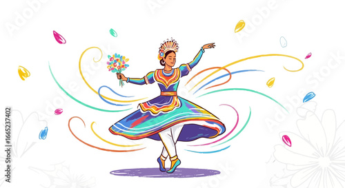Colorful illustration of a dancer in traditional dress with vibrant design elements