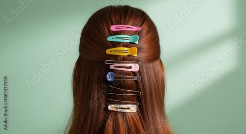Woman's hair with colorful hair clips against green background