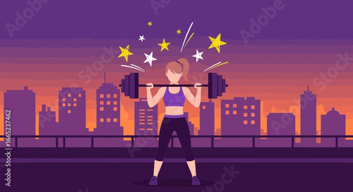 Empowering workout: A stylized illustration of a strong woman lifting weights with city skyline