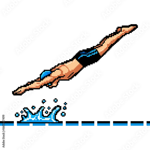 Pixel art depiction of a male swimmer executing a diving entry into a pool.