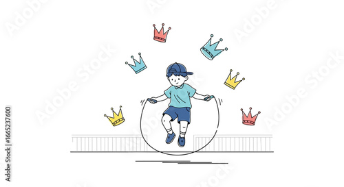 Energetic boy jumping rope surrounded by colorful crowns, simple vector illustration, childlike