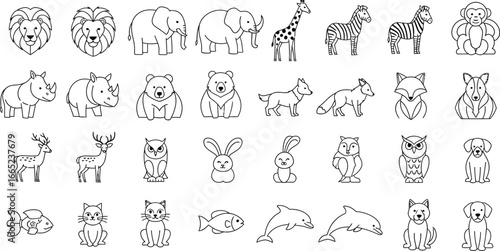 Collection of line art illustrations depicting various animals in a simple and minimalist style