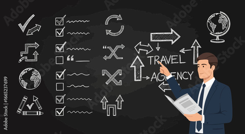 Concept illustration of travel agency presentation on blackboard with directions
