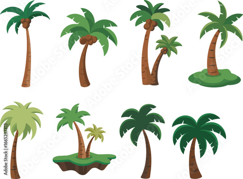 Cartoon tropical palm tree vector set for beach, jungle, island, summer, nature, forest, coconut, exotic landscape design elements