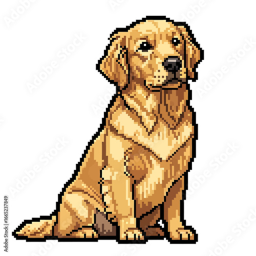 Pixelated illustration of a Golden Retriever dog sitting and looking forward.