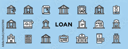 Loan Financial Banking Icons Set Depicting Various Aspects of Borrowing and Lending Procedures Conceptually Represented