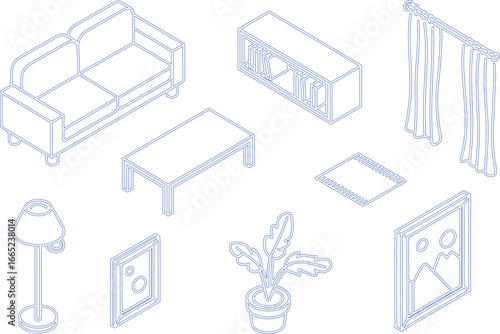 Isometric Room Interior with Sofa, Table, Bookcase, Lamp, Curtains in Blue Outline