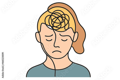 Illustrating emotional struggle through a character with disheveled hair and a pained expression in a simple design