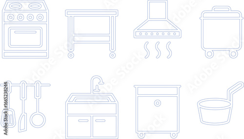 Kitchen Furniture, Stove, Sink, Hood, Utensils, Bucket, Cabinet Outlines on White