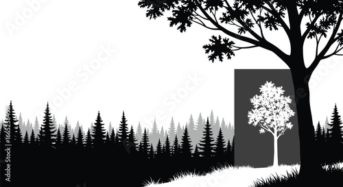 Silhouette of forest with evergreen trees and a large tree with an inset of a white tree image