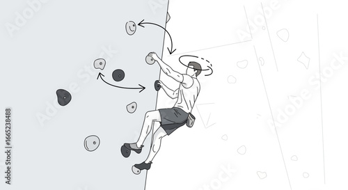 Conceptual illustration of a man rock climbing indoors with climbing route path guide