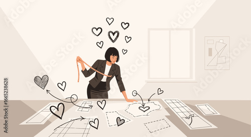 Fashion designer creating with love and measuring a fabric pattern design sketch