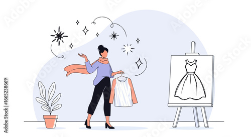 Fashion designer presenting dress design idea on canvas in atelier studio concept