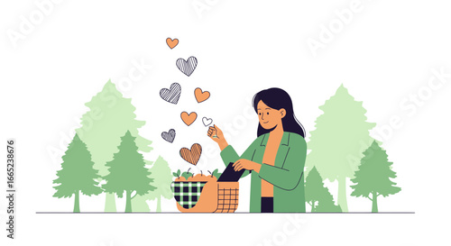 Conceptual Illustration of a Woman Spreading Love and Kindness in Nature
