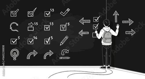 Conceptual illustration of decision making process with a person choosing options represented by