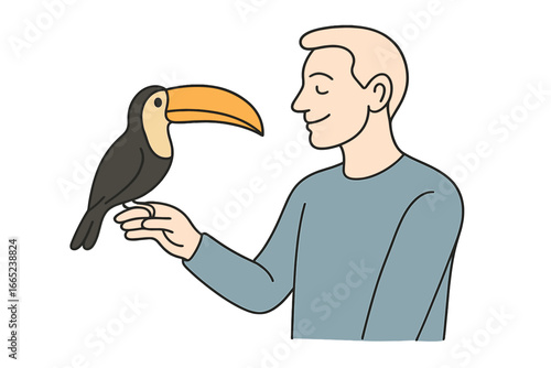 Man interacts with toucan in a friendly setting during daytime